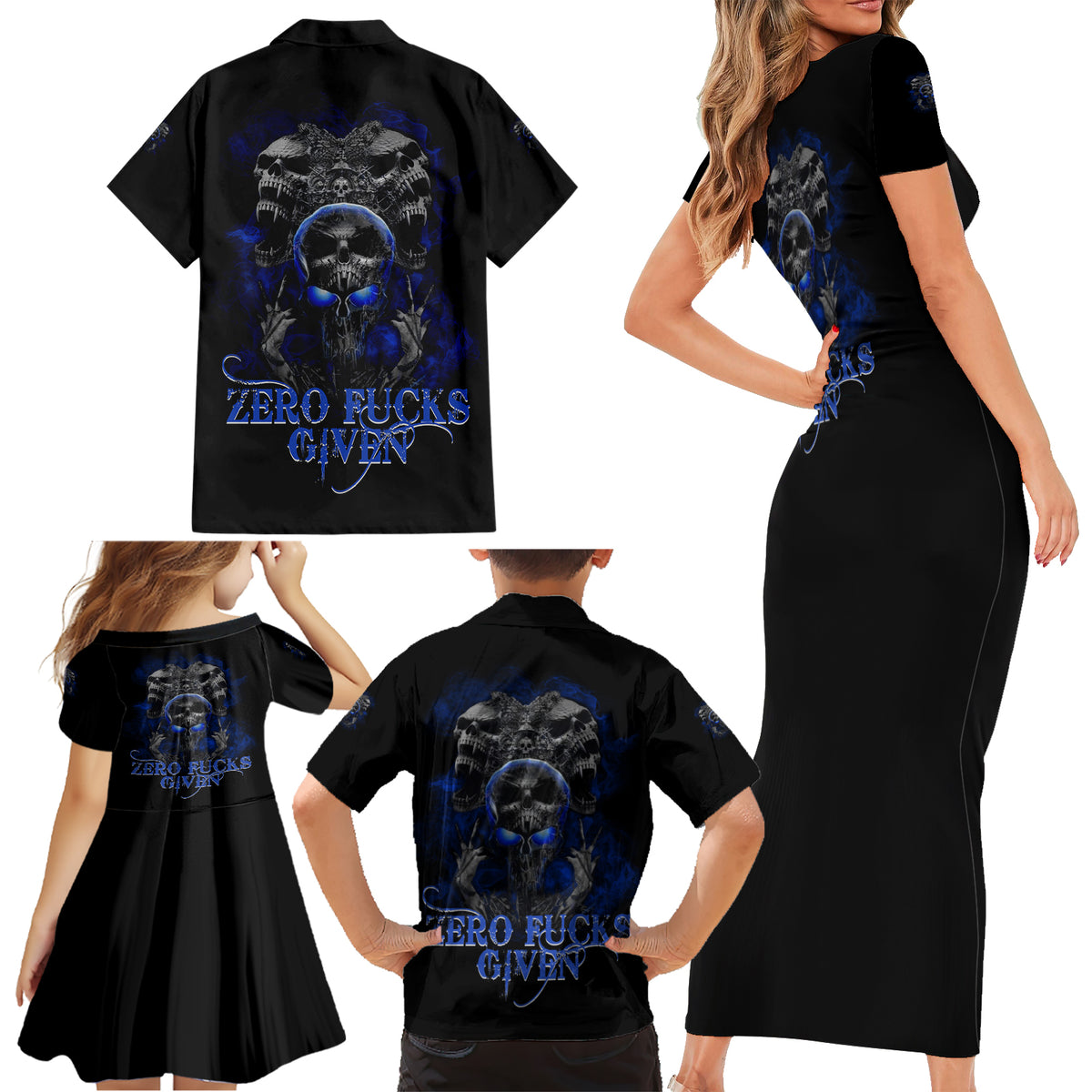 Skull Butterfly Demon - Zero Fck Given Family Matching Short Sleeve Bodycon Dress and Hawaiian Shirt - Wonder Print Shop