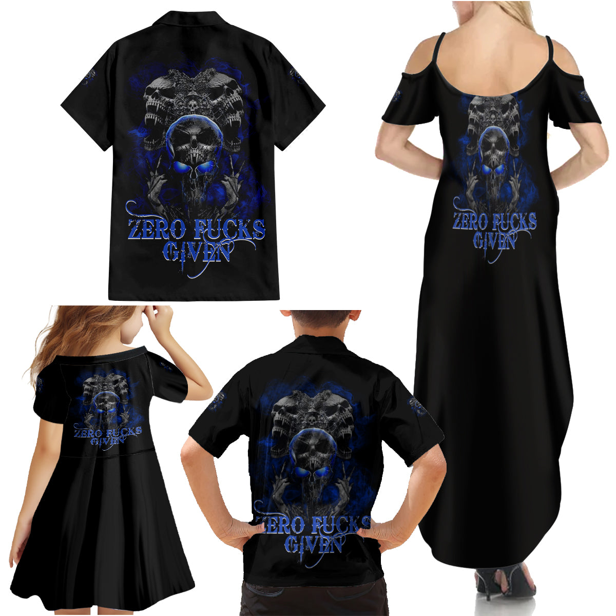 Skull Butterfly Demon - Zero Fck Given Family Matching Summer Maxi Dress and Hawaiian Shirt - Wonder Print Shop