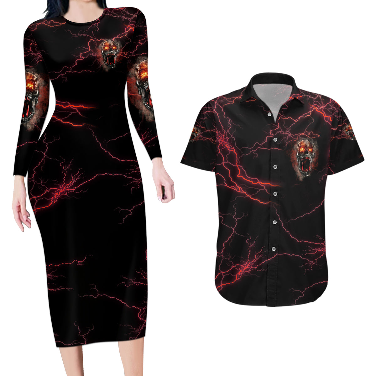 I'm Never Alone Skull Demon Couples Matching Long Sleeve Bodycon Dress and Hawaiian Shirt - Wonder Print Shop