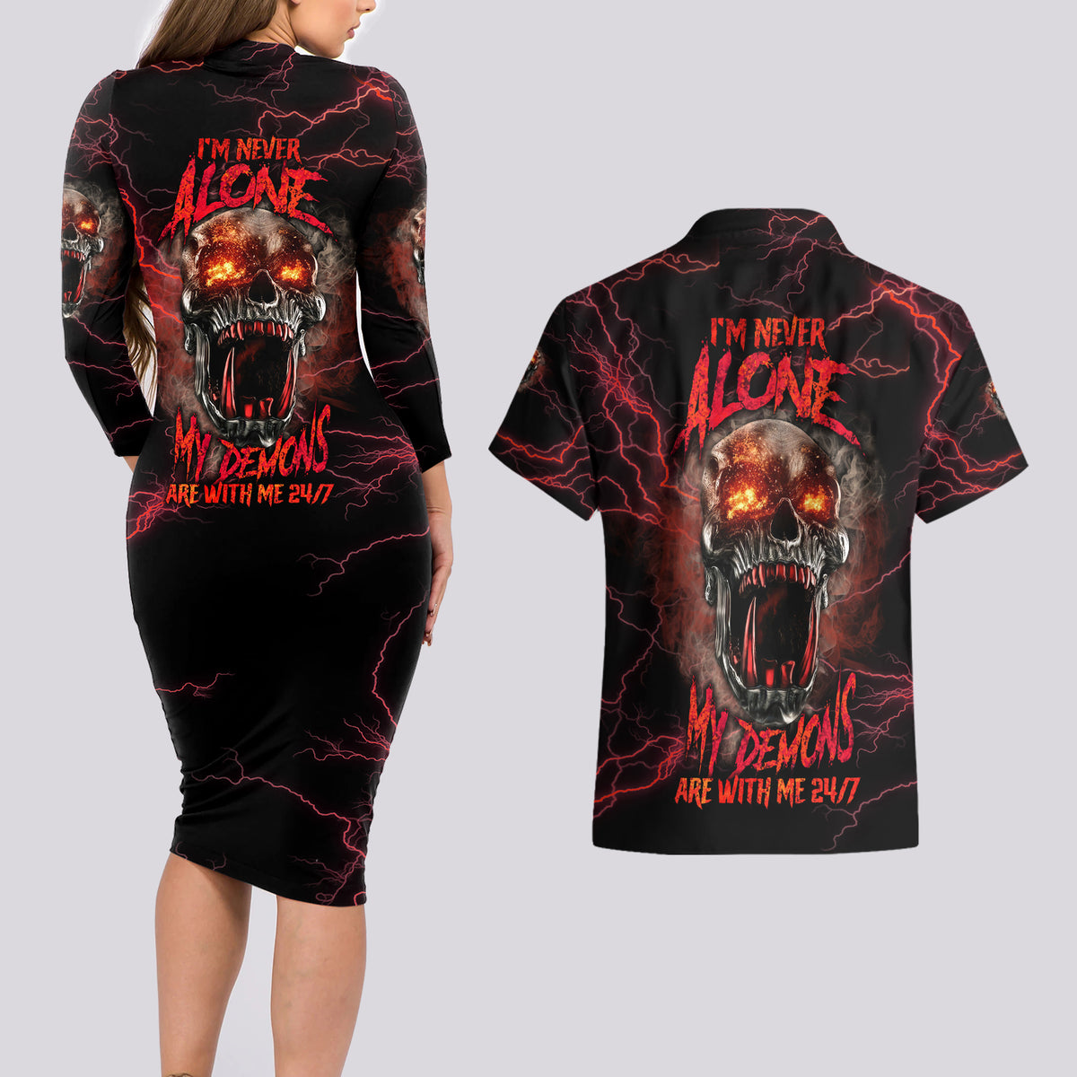 I'm Never Alone Skull Demon Couples Matching Long Sleeve Bodycon Dress and Hawaiian Shirt - Wonder Print Shop