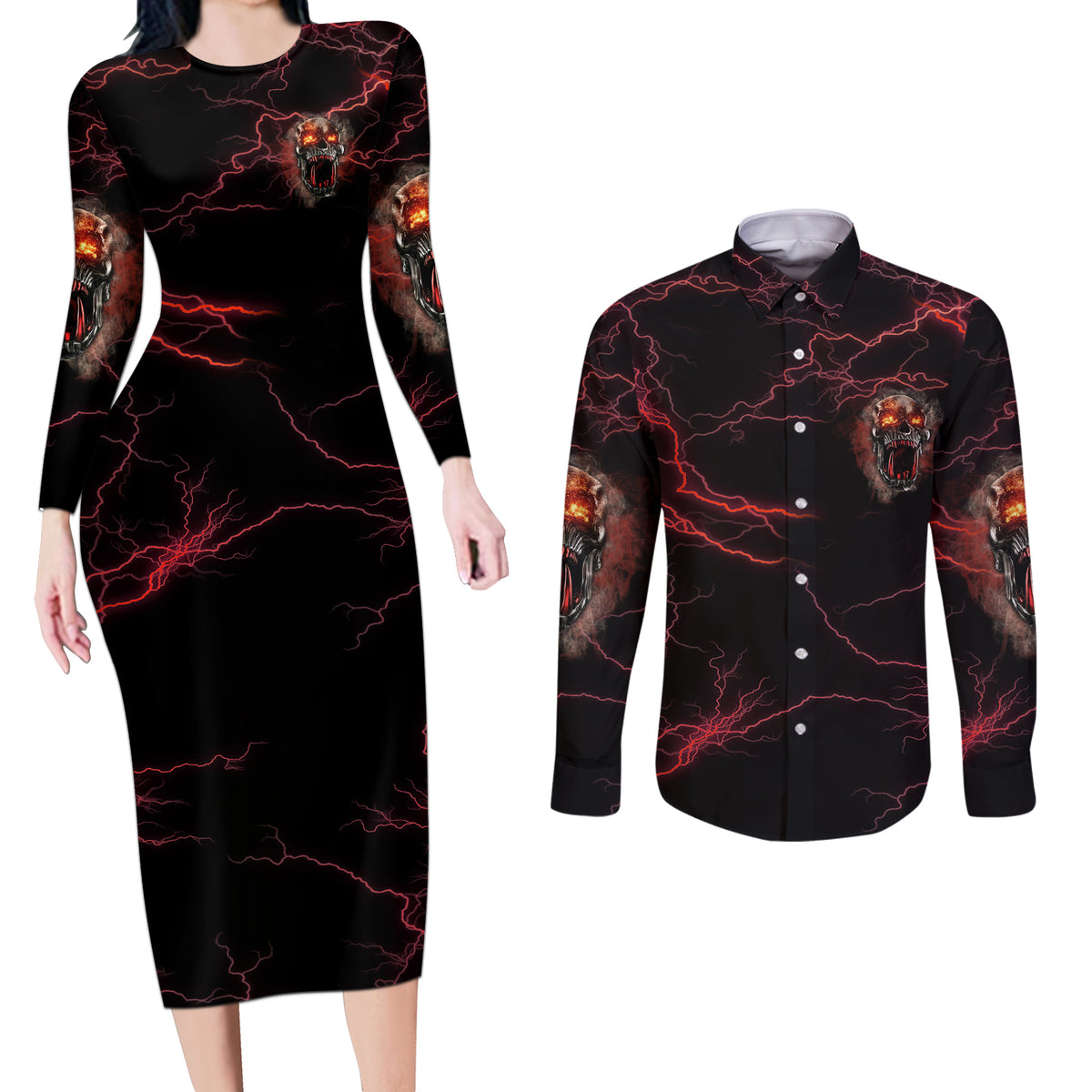 I'm Never Alone Skull Demon Couples Matching Long Sleeve Bodycon Dress and Long Sleeve Button Shirt - Wonder Print Shop