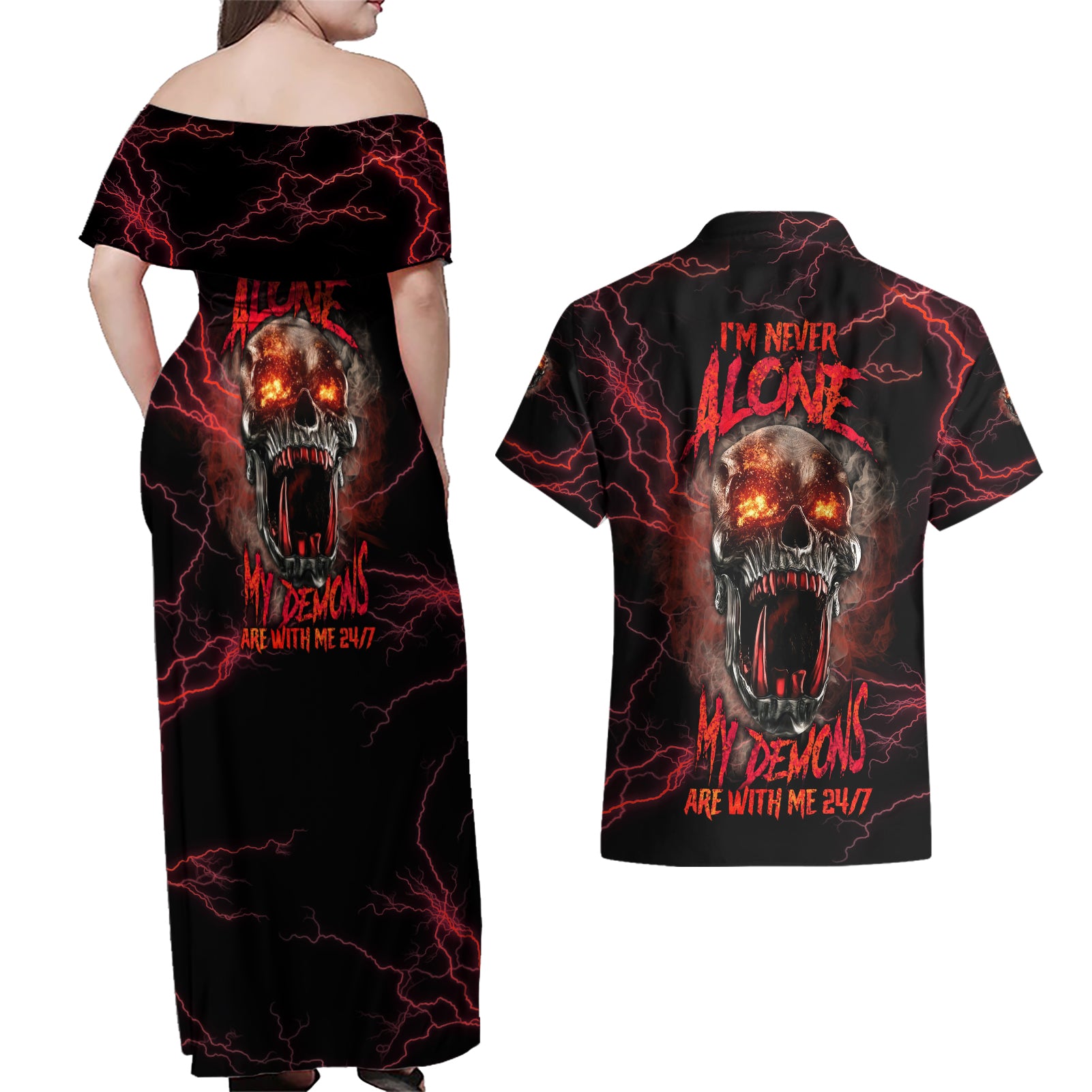 I'm Never Alone Skull Demon Couples Matching Off Shoulder Maxi Dress and Hawaiian Shirt - Wonder Print Shop