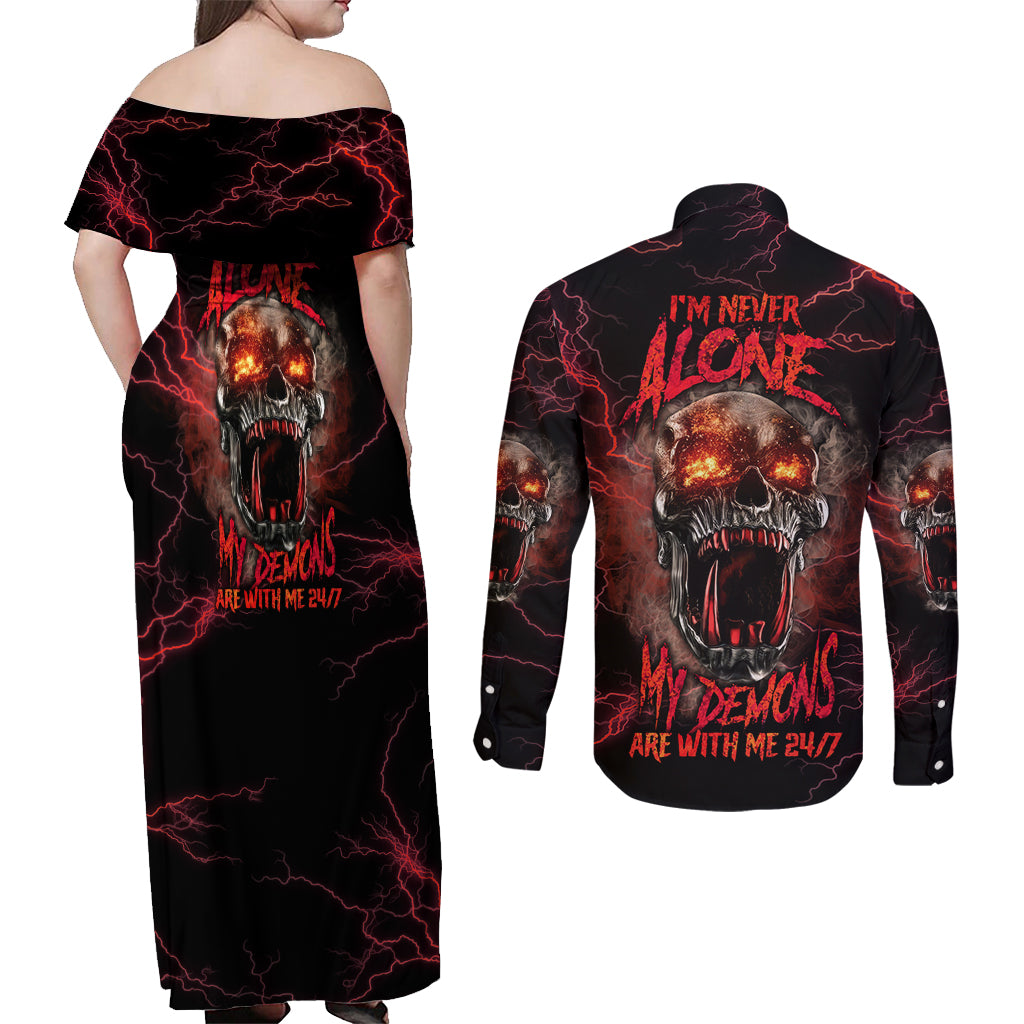 I'm Never Alone Skull Demon Couples Matching Off Shoulder Maxi Dress and Long Sleeve Button Shirt - Wonder Print Shop