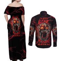 I'm Never Alone Skull Demon Couples Matching Off Shoulder Maxi Dress and Long Sleeve Button Shirt - Wonder Print Shop