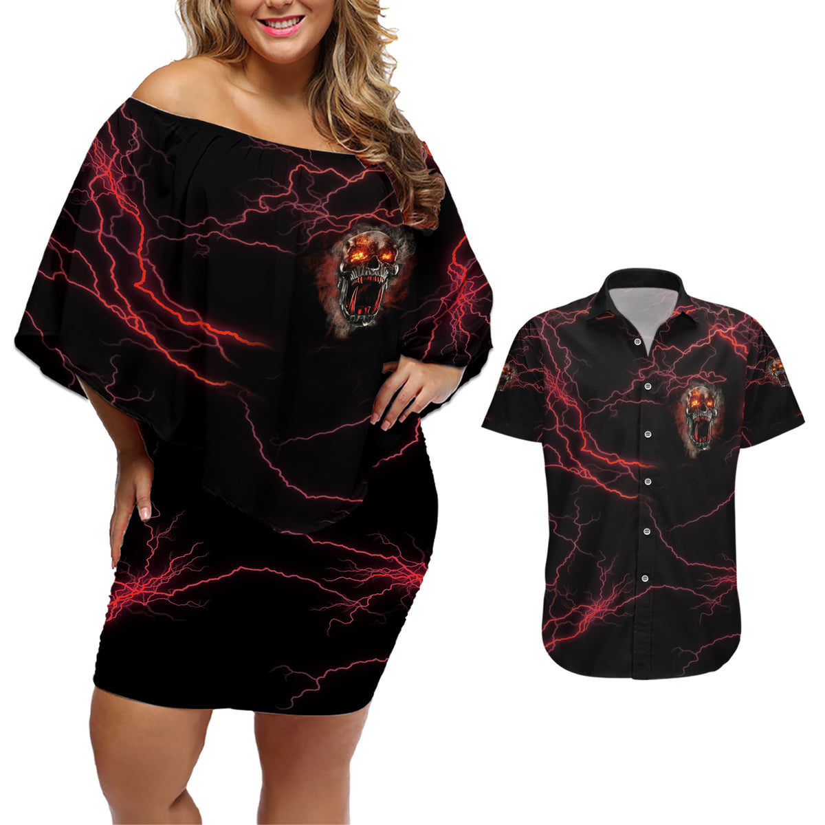 I'm Never Alone Skull Demon Couples Matching Off Shoulder Short Dress and Hawaiian Shirt - Wonder Print Shop