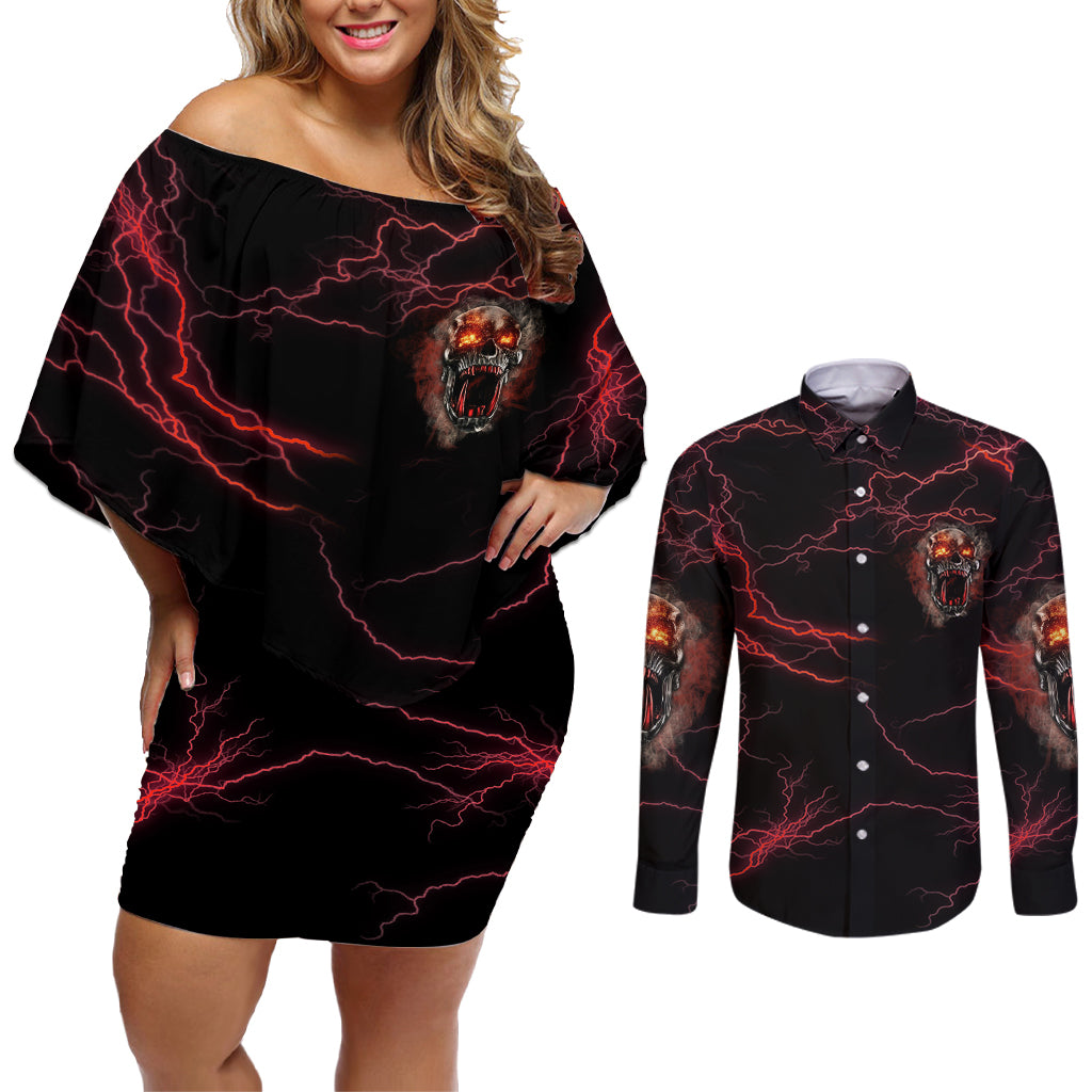 I'm Never Alone Skull Demon Couples Matching Off Shoulder Short Dress and Long Sleeve Button Shirt - Wonder Print Shop