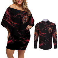 I'm Never Alone Skull Demon Couples Matching Off Shoulder Short Dress and Long Sleeve Button Shirt - Wonder Print Shop