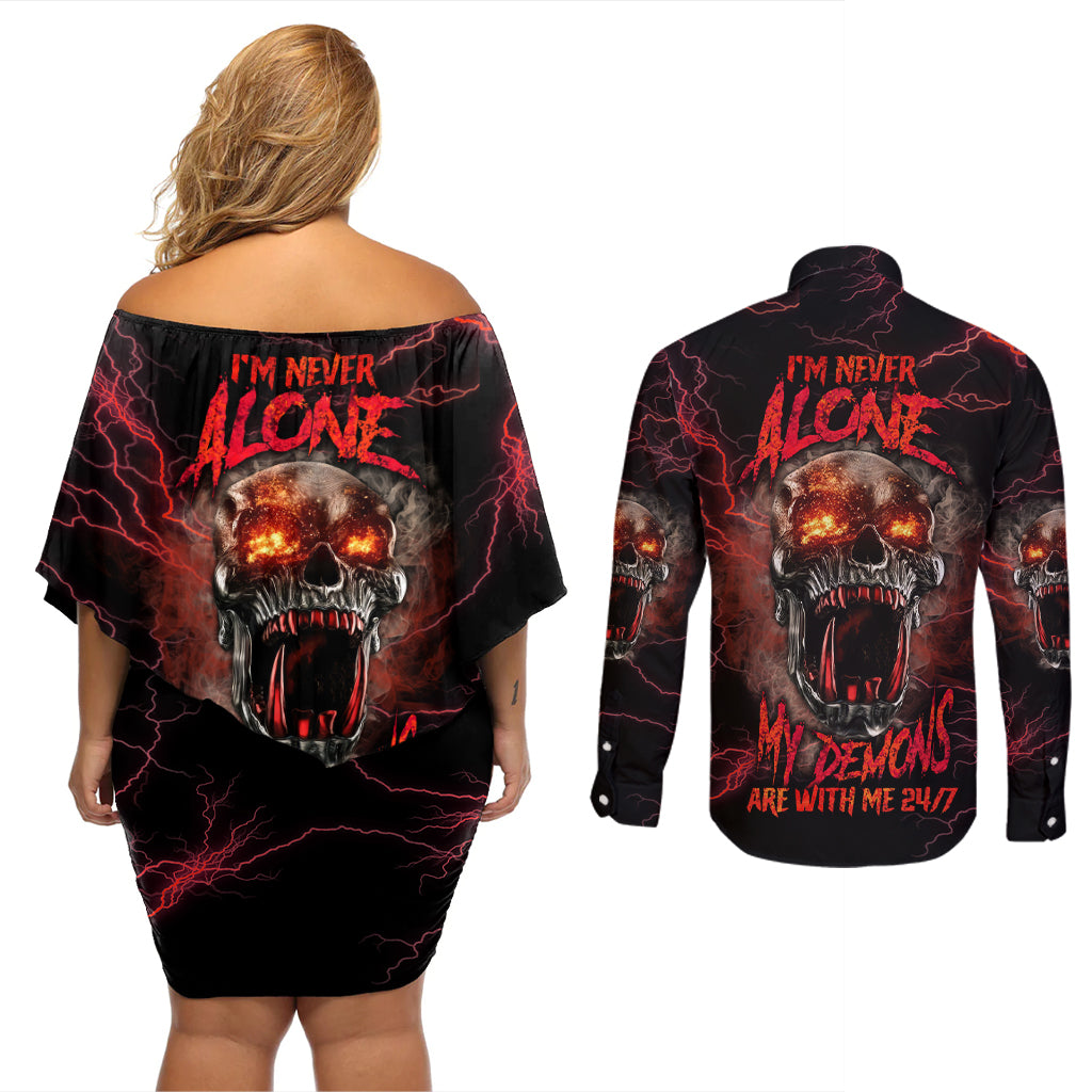 I'm Never Alone Skull Demon Couples Matching Off Shoulder Short Dress and Long Sleeve Button Shirt - Wonder Print Shop