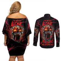 I'm Never Alone Skull Demon Couples Matching Off Shoulder Short Dress and Long Sleeve Button Shirt - Wonder Print Shop