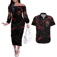 I'm Never Alone Skull Demon Couples Matching Off The Shoulder Long Sleeve Dress and Hawaiian Shirt - Wonder Print Shop