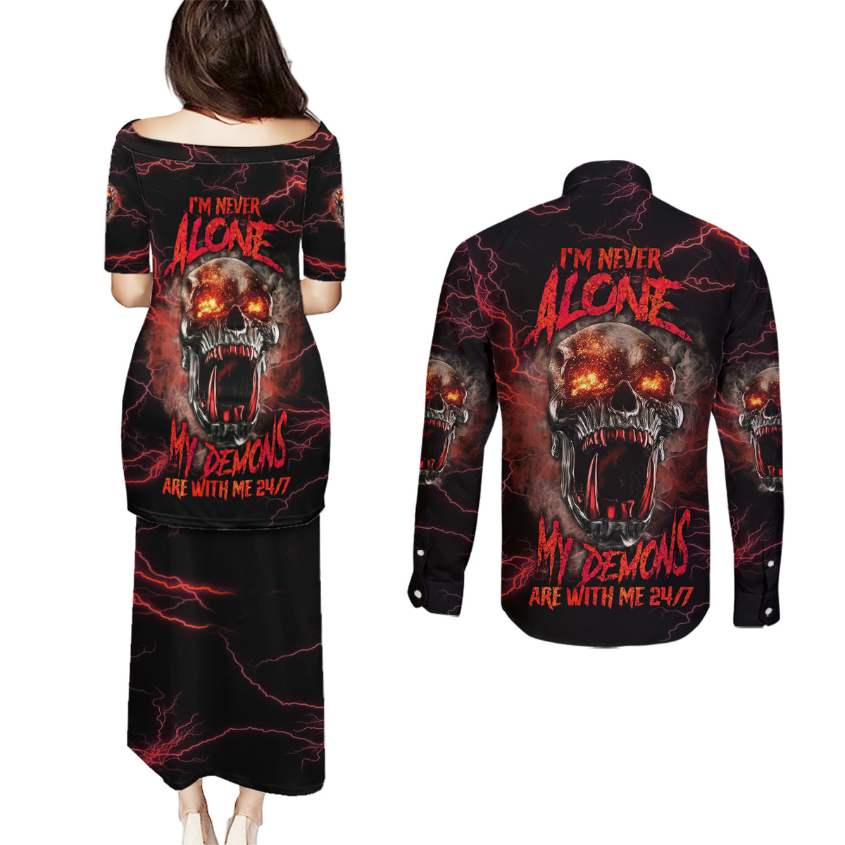I'm Never Alone Skull Demon Couples Matching Puletasi Dress and Long Sleeve Button Shirt - Wonder Print Shop
