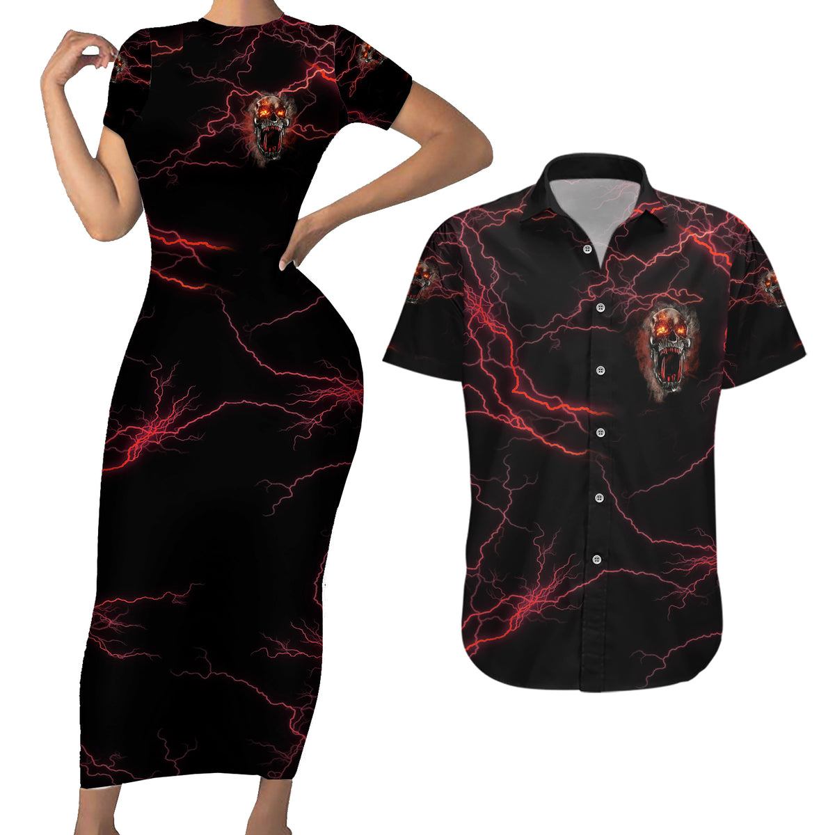 I'm Never Alone Skull Demon Couples Matching Short Sleeve Bodycon Dress and Hawaiian Shirt - Wonder Print Shop