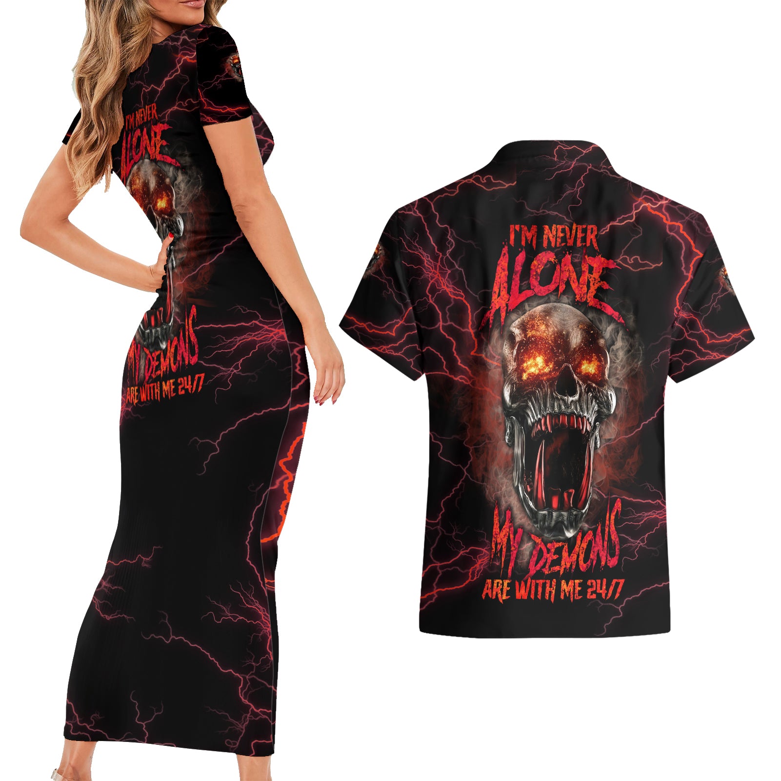 I'm Never Alone Skull Demon Couples Matching Short Sleeve Bodycon Dress and Hawaiian Shirt - Wonder Print Shop