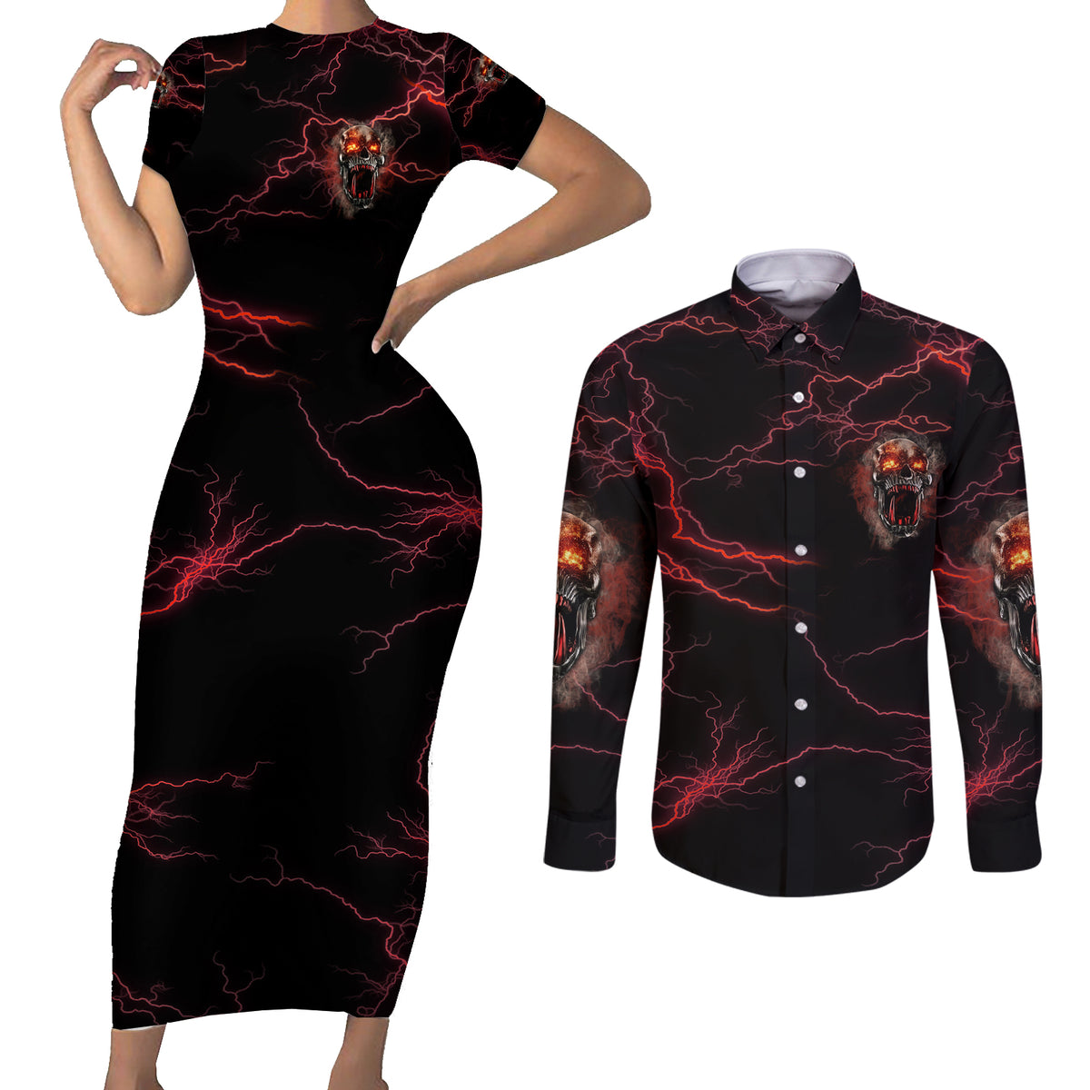 I'm Never Alone Skull Demon Couples Matching Short Sleeve Bodycon Dress and Long Sleeve Button Shirt - Wonder Print Shop