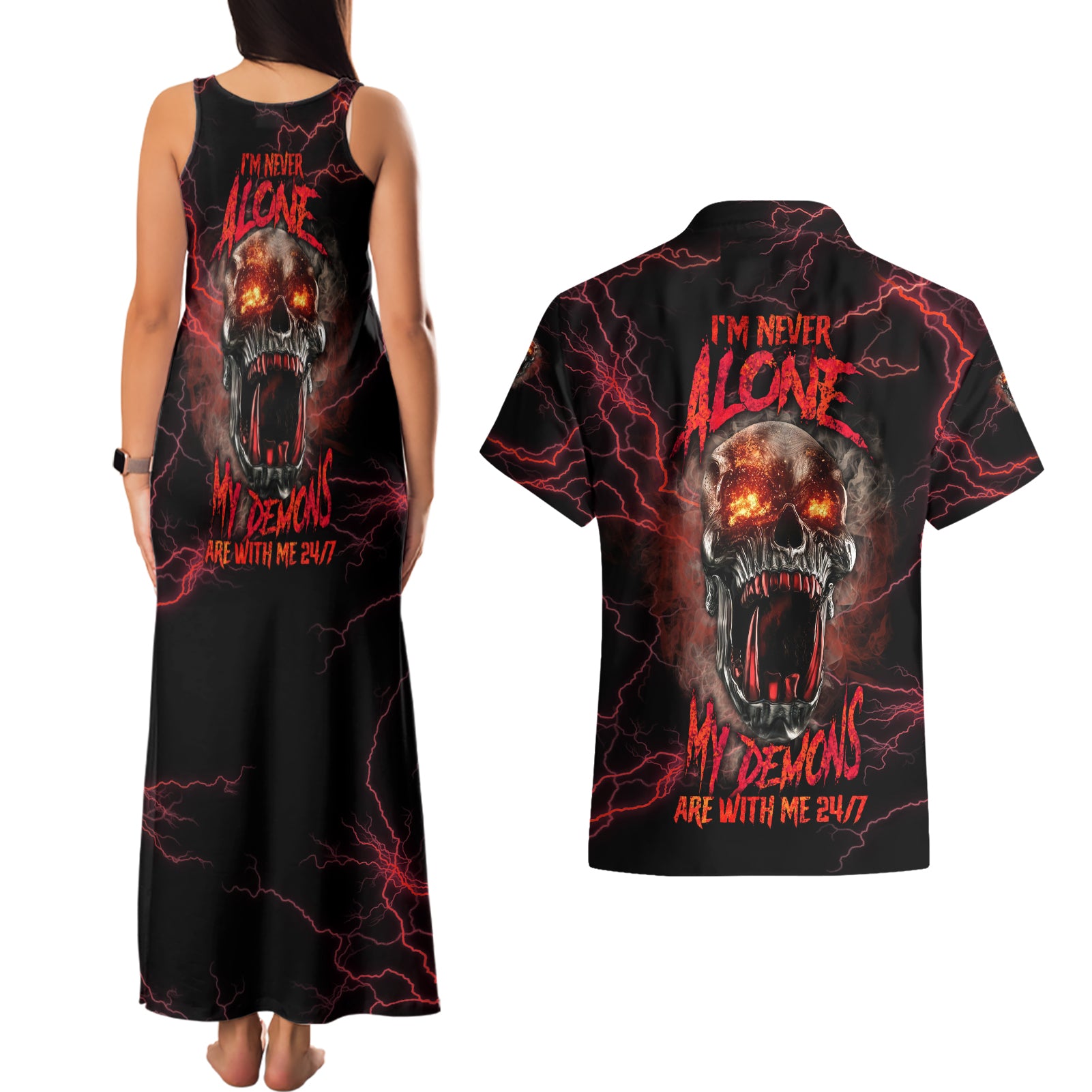I'm Never Alone Skull Demon Couples Matching Tank Maxi Dress and Hawaiian Shirt - Wonder Print Shop