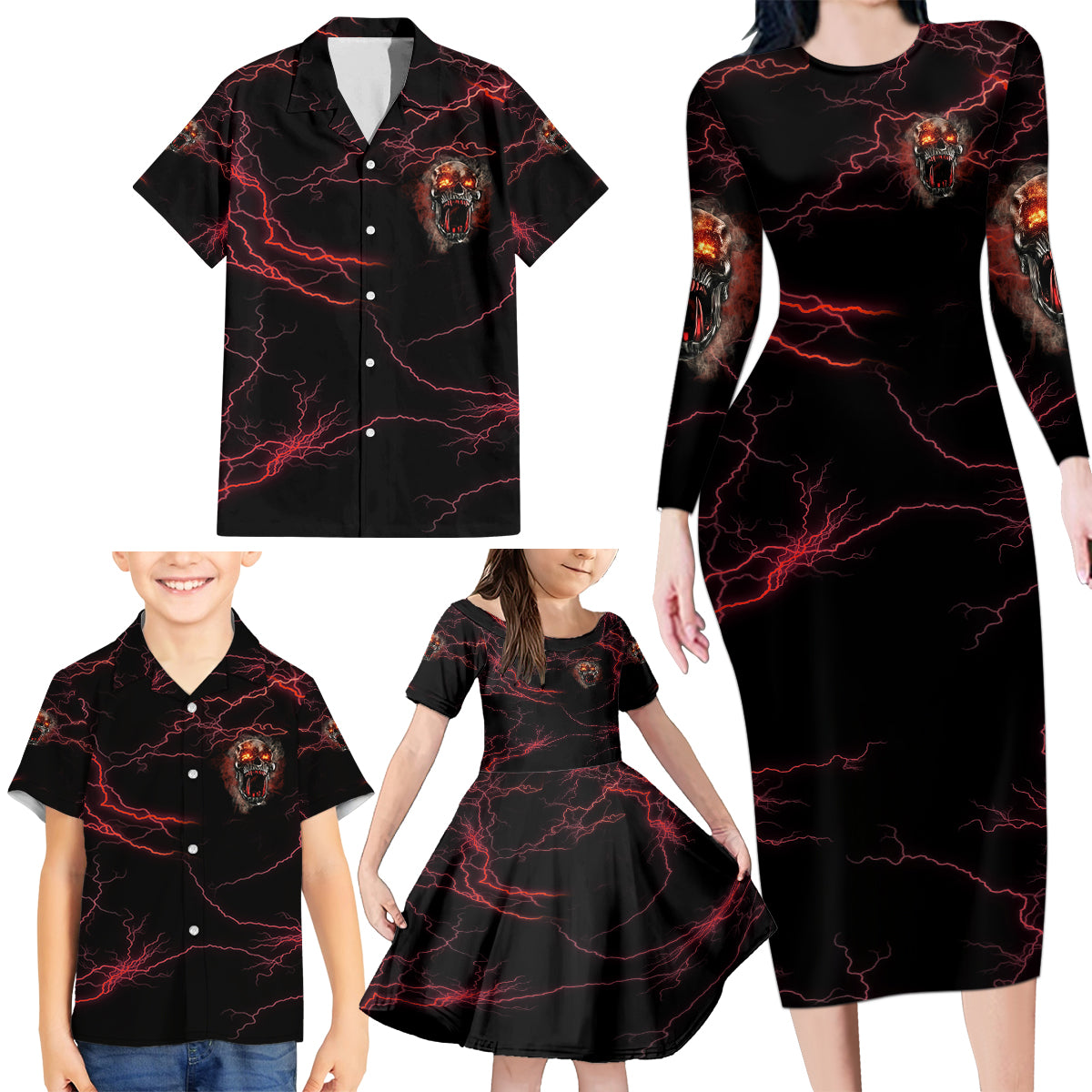 I'm Never Alone Skull Demon Family Matching Long Sleeve Bodycon Dress and Hawaiian Shirt - Wonder Print Shop