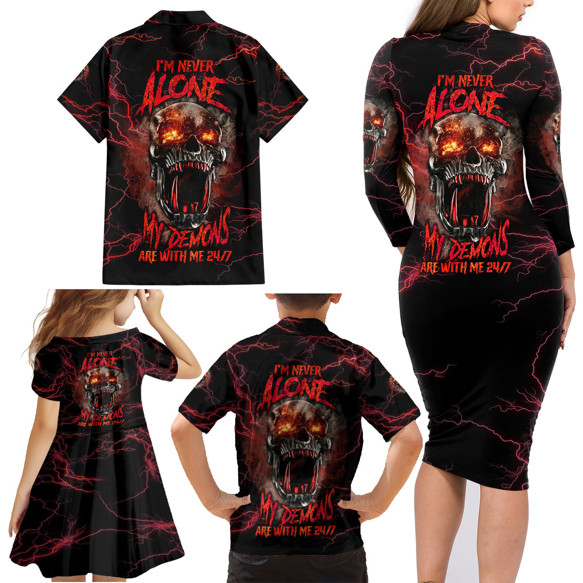 I'm Never Alone Skull Demon Family Matching Long Sleeve Bodycon Dress and Hawaiian Shirt - Wonder Print Shop