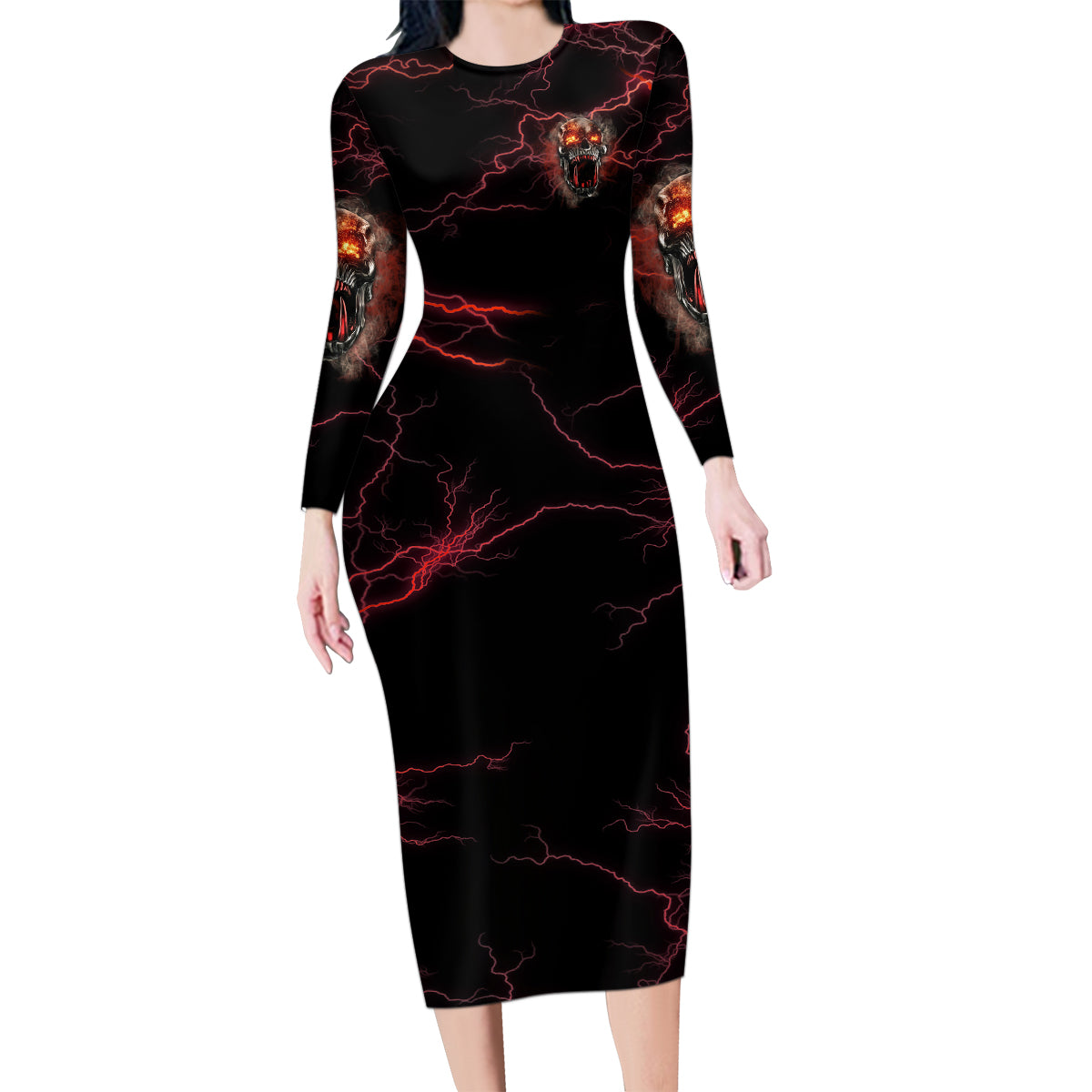 I'm Never Alone Skull Demon Family Matching Long Sleeve Bodycon Dress and Hawaiian Shirt - Wonder Print Shop