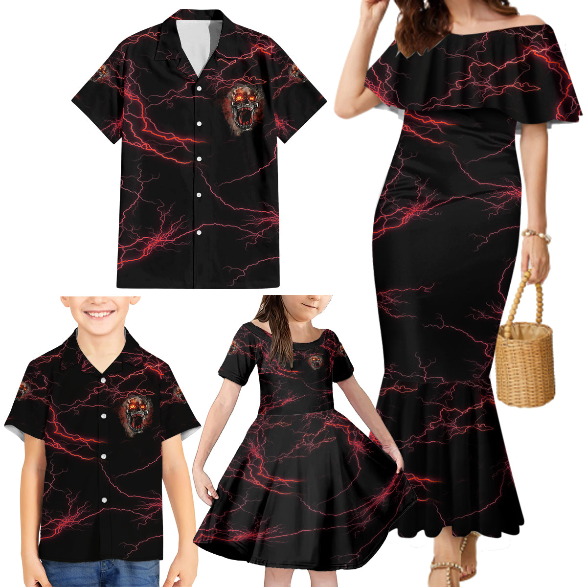I'm Never Alone Skull Demon Family Matching Mermaid Dress and Hawaiian Shirt - Wonder Print Shop