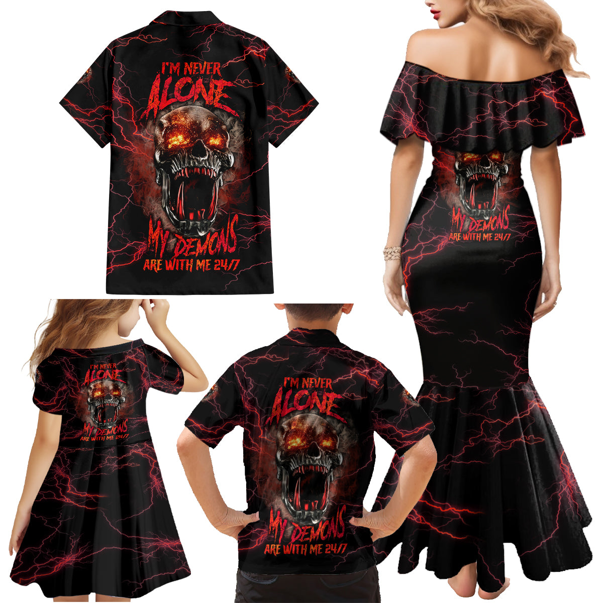 I'm Never Alone Skull Demon Family Matching Mermaid Dress and Hawaiian Shirt - Wonder Print Shop