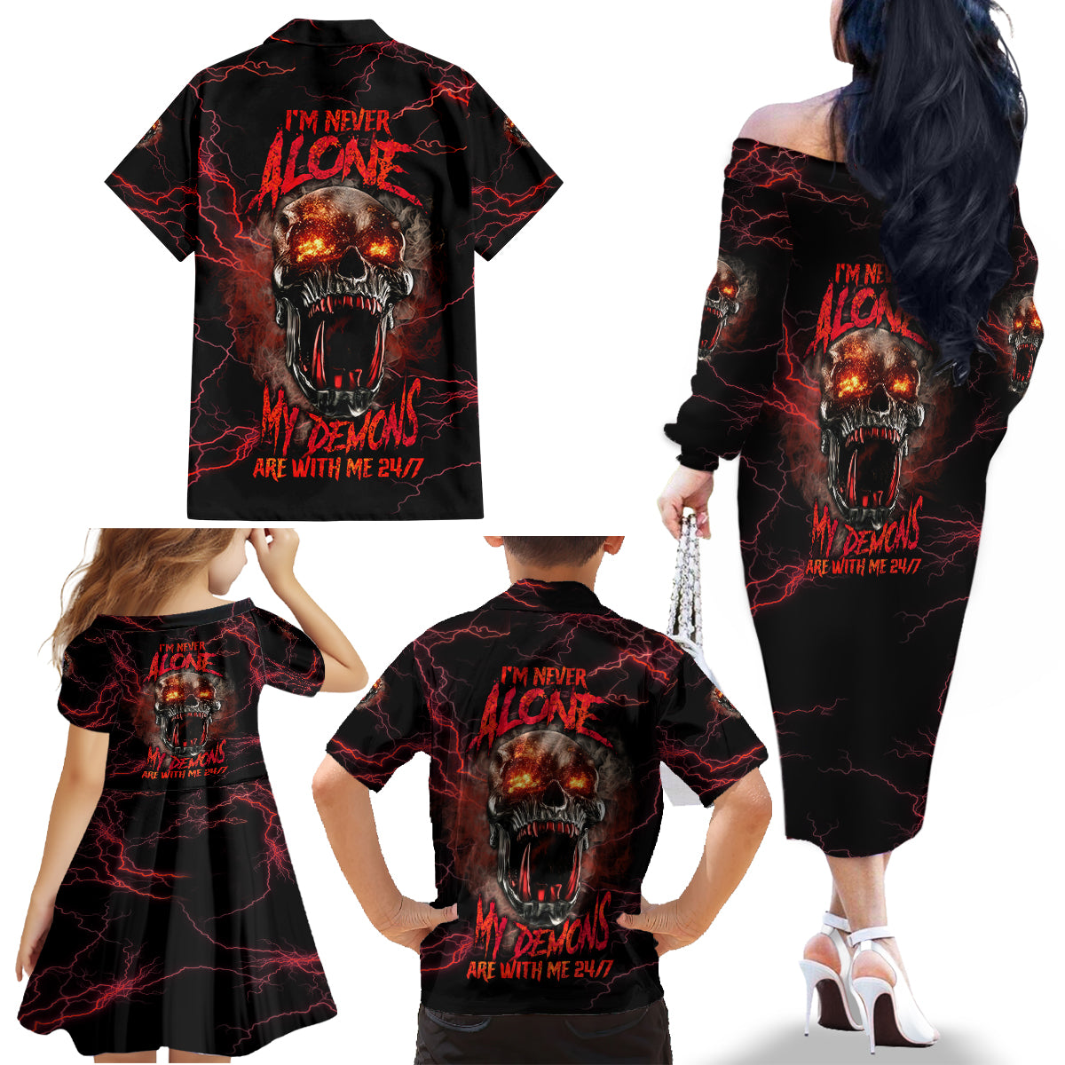 I'm Never Alone Skull Demon Family Matching Off Shoulder Long Sleeve Dress and Hawaiian Shirt - Wonder Print Shop