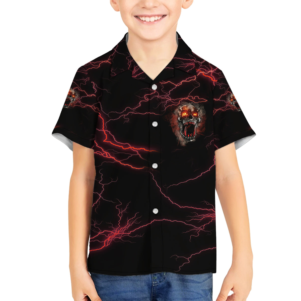 I'm Never Alone Skull Demon Family Matching Off Shoulder Long Sleeve Dress and Hawaiian Shirt - Wonder Print Shop