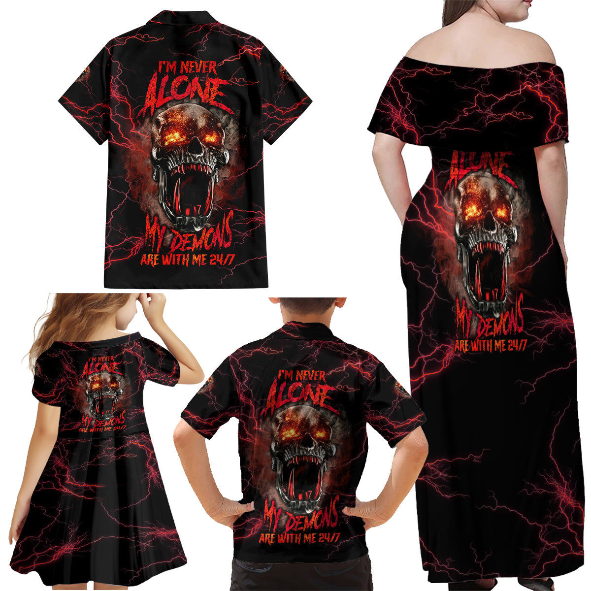 I'm Never Alone Skull Demon Family Matching Off Shoulder Maxi Dress and Hawaiian Shirt - Wonder Print Shop