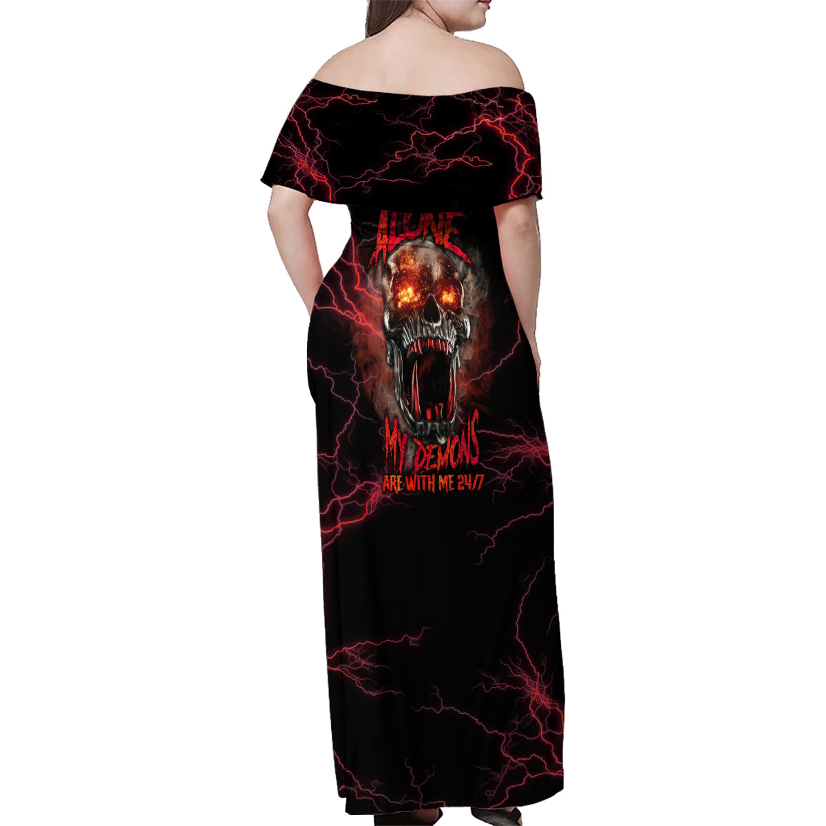 I'm Never Alone Skull Demon Family Matching Off Shoulder Maxi Dress and Hawaiian Shirt - Wonder Print Shop