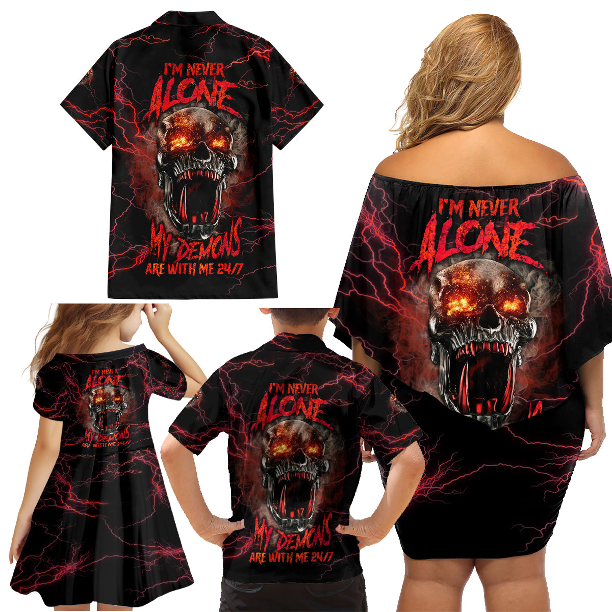 I'm Never Alone Skull Demon Family Matching Off Shoulder Short Dress and Hawaiian Shirt - Wonder Print Shop