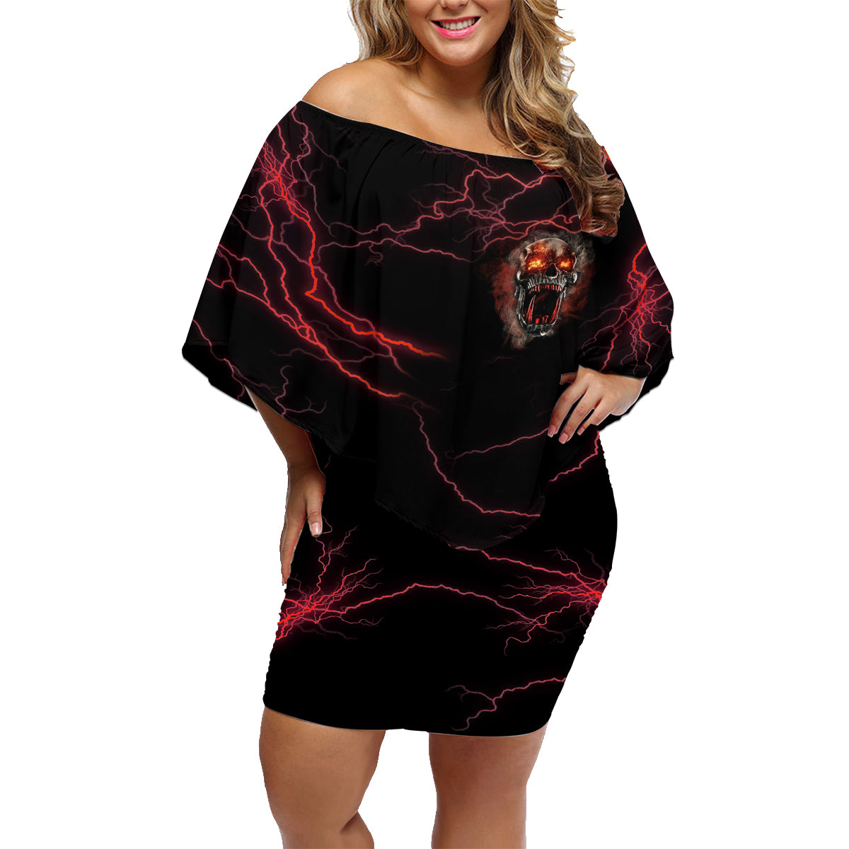 I'm Never Alone Skull Demon Family Matching Off Shoulder Short Dress and Hawaiian Shirt - Wonder Print Shop