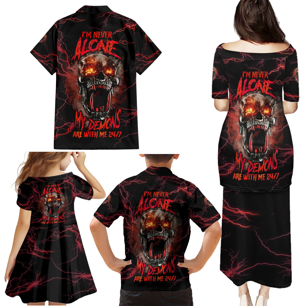 I'm Never Alone Skull Demon Family Matching Puletasi Dress and Hawaiian Shirt - Wonder Print Shop