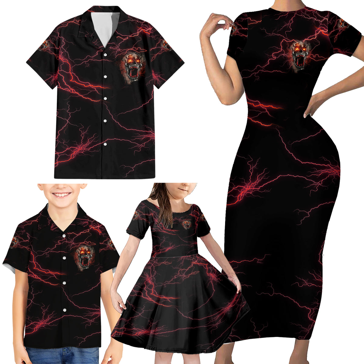 I'm Never Alone Skull Demon Family Matching Short Sleeve Bodycon Dress and Hawaiian Shirt - Wonder Print Shop