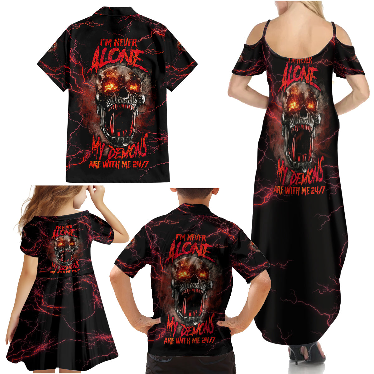 I'm Never Alone Skull Demon Family Matching Summer Maxi Dress and Hawaiian Shirt - Wonder Print Shop