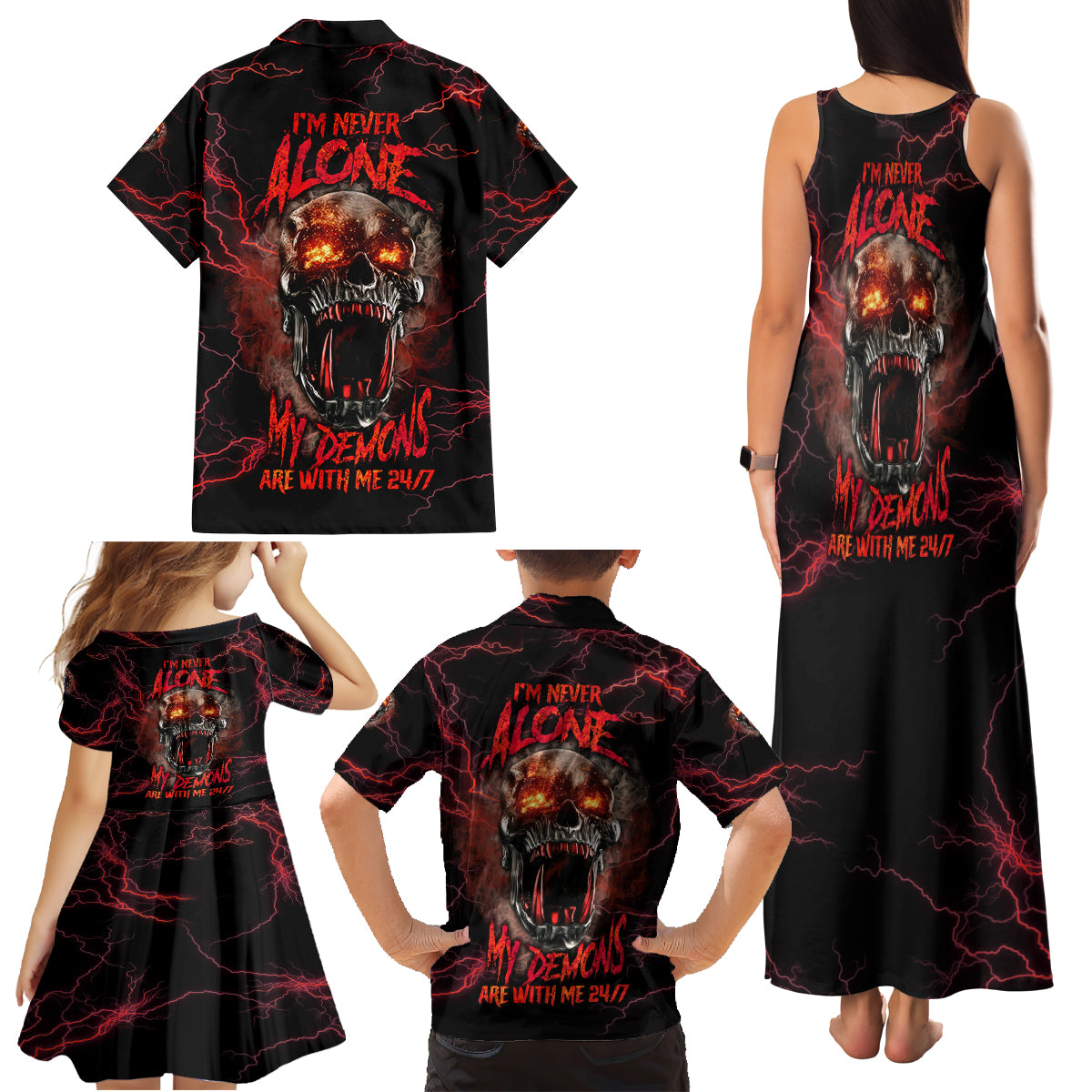 I'm Never Alone Skull Demon Family Matching Tank Maxi Dress and Hawaiian Shirt - Wonder Print Shop