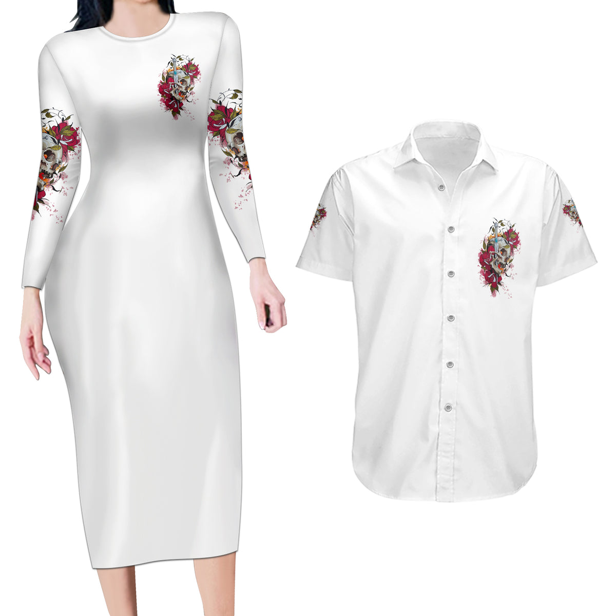You Inspire My Inner Serial K Skull Rose Couples Matching Long Sleeve Bodycon Dress and Hawaiian Shirt - Wonder Print Shop