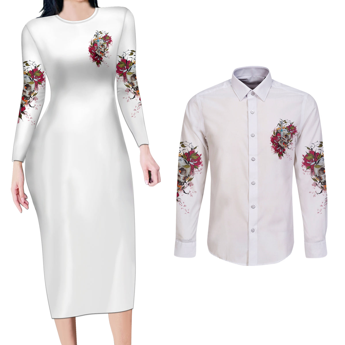 You Inspire My Inner Serial K Skull Rose Couples Matching Long Sleeve Bodycon Dress and Long Sleeve Button Shirt - Wonder Print Shop