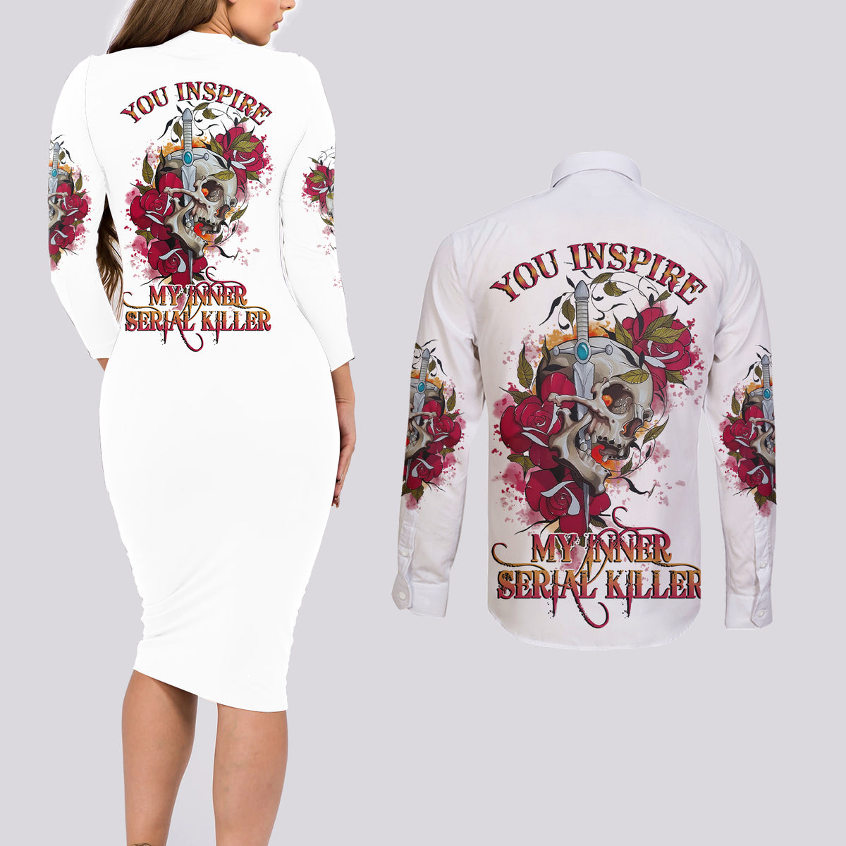 You Inspire My Inner Serial K Skull Rose Couples Matching Long Sleeve Bodycon Dress and Long Sleeve Button Shirt - Wonder Print Shop