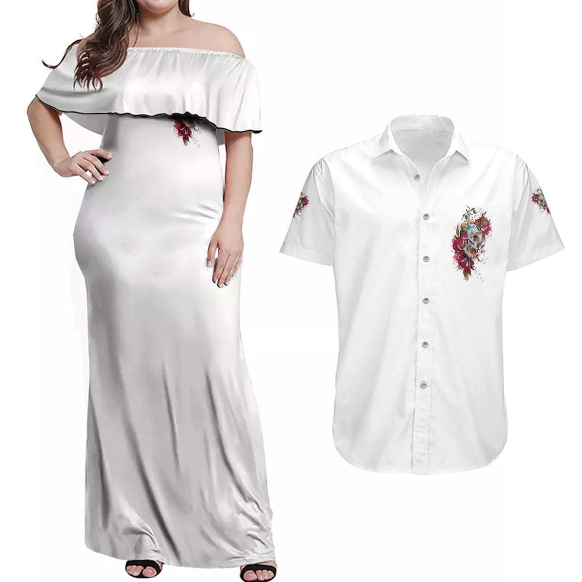 You Inspire My Inner Serial K Skull Rose Couples Matching Off Shoulder Maxi Dress and Hawaiian Shirt - Wonder Print Shop