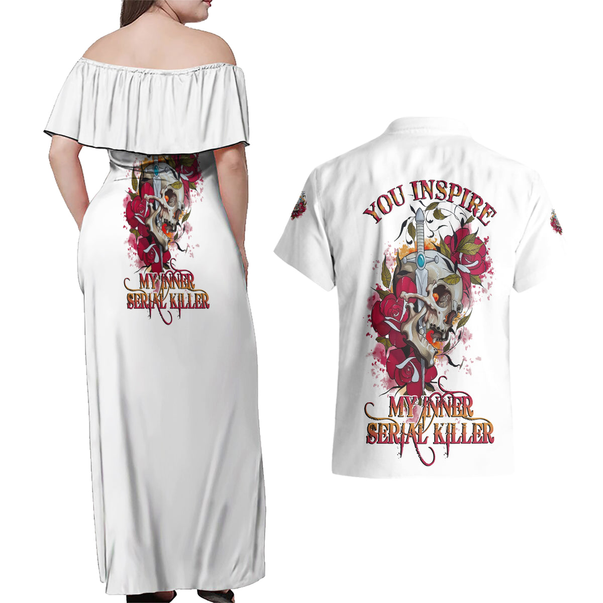 You Inspire My Inner Serial K Skull Rose Couples Matching Off Shoulder Maxi Dress and Hawaiian Shirt - Wonder Print Shop
