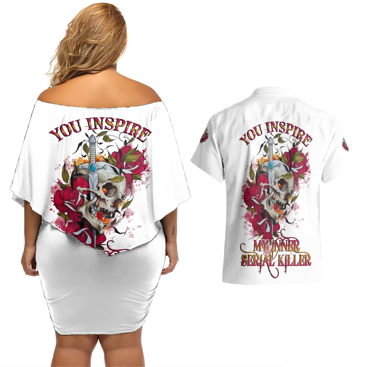 You Inspire My Inner Serial K Skull Rose Couples Matching Off Shoulder Short Dress and Hawaiian Shirt - Wonder Print Shop
