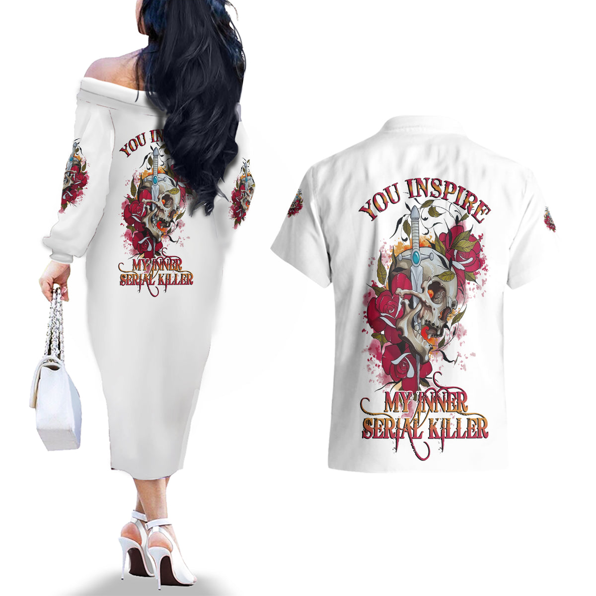 You Inspire My Inner Serial K Skull Rose Couples Matching Off The Shoulder Long Sleeve Dress and Hawaiian Shirt - Wonder Print Shop