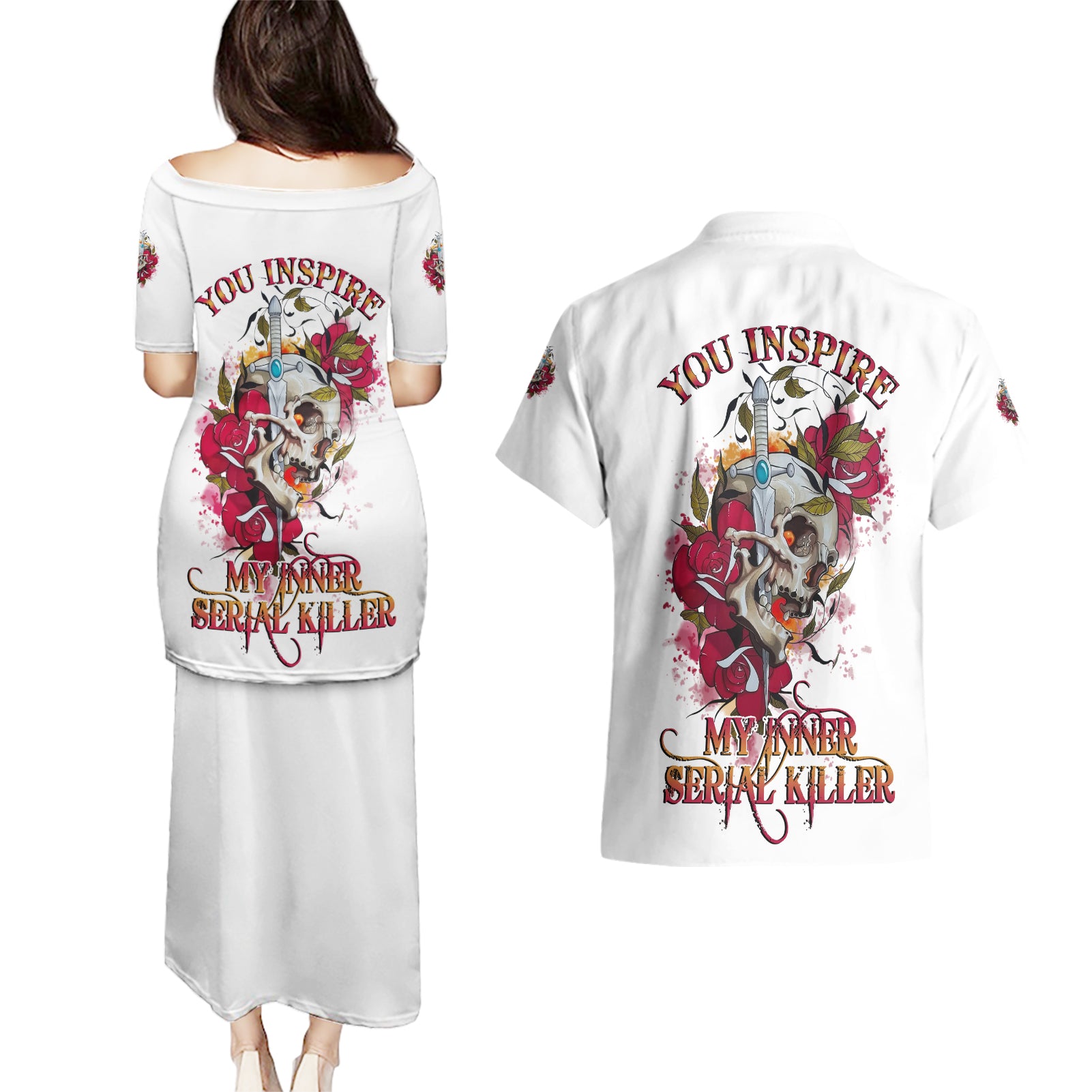You Inspire My Inner Serial K Skull Rose Couples Matching Puletasi Dress and Hawaiian Shirt - Wonder Print Shop