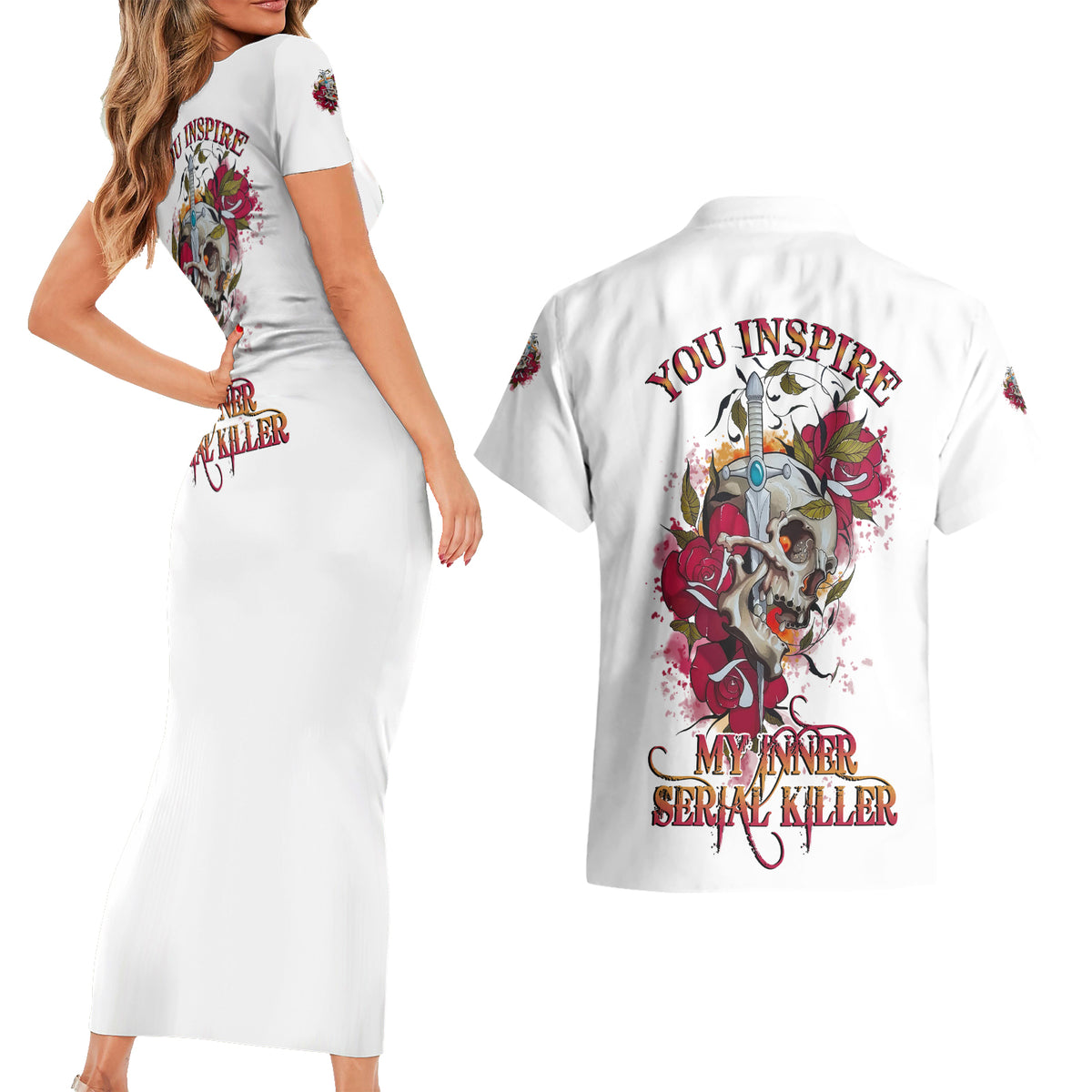 You Inspire My Inner Serial K Skull Rose Couples Matching Short Sleeve Bodycon Dress and Hawaiian Shirt - Wonder Print Shop