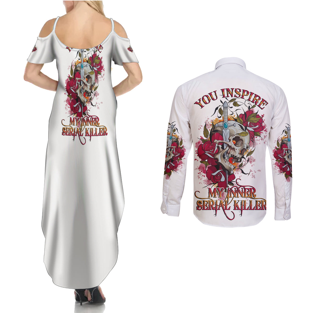 You Inspire My Inner Serial K Skull Rose Couples Matching Summer Maxi Dress and Long Sleeve Button Shirt - Wonder Print Shop