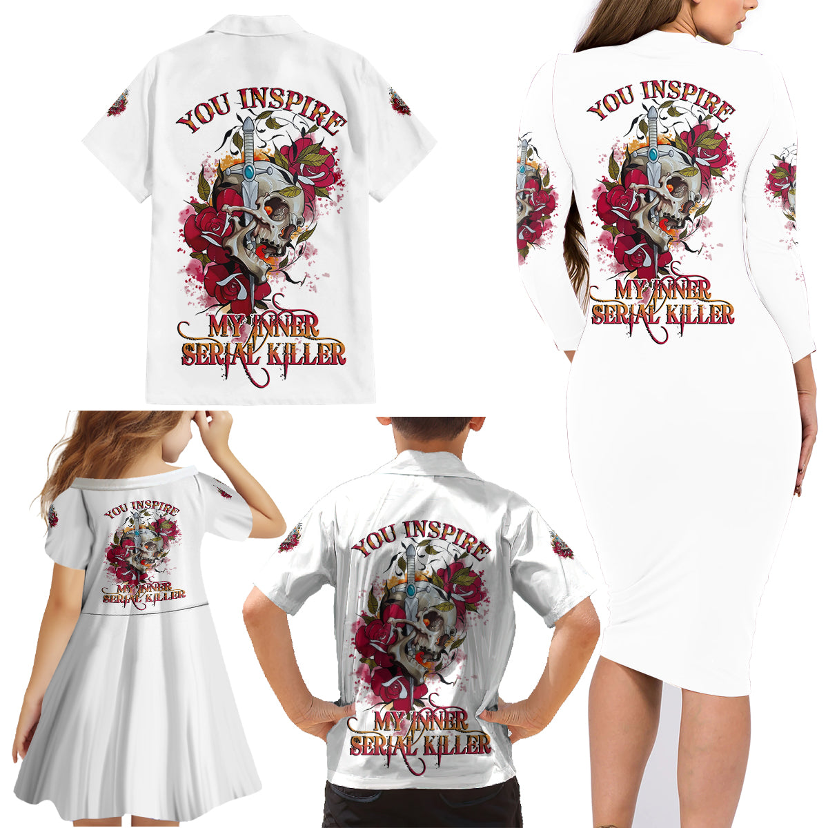 You Inspire My Inner Serial K Skull Rose Family Matching Long Sleeve Bodycon Dress and Hawaiian Shirt - Wonder Print Shop
