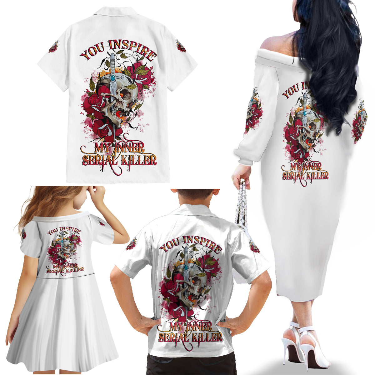 You Inspire My Inner Serial K Skull Rose Family Matching Off Shoulder Long Sleeve Dress and Hawaiian Shirt - Wonder Print Shop
