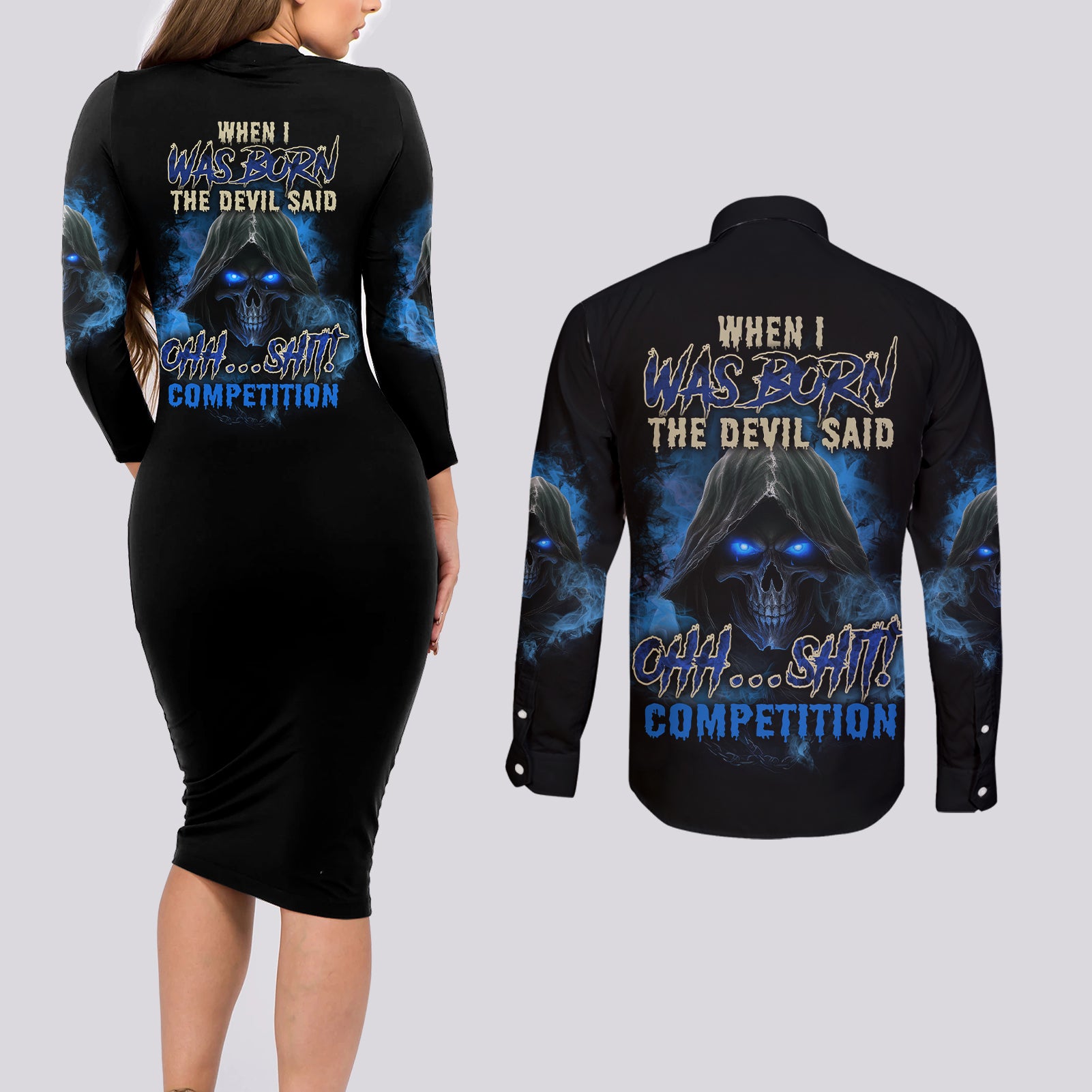 When I Was Born Reaper Fire Blue Couples Matching Long Sleeve Bodycon Dress and Long Sleeve Button Shirt - Wonder Print Shop