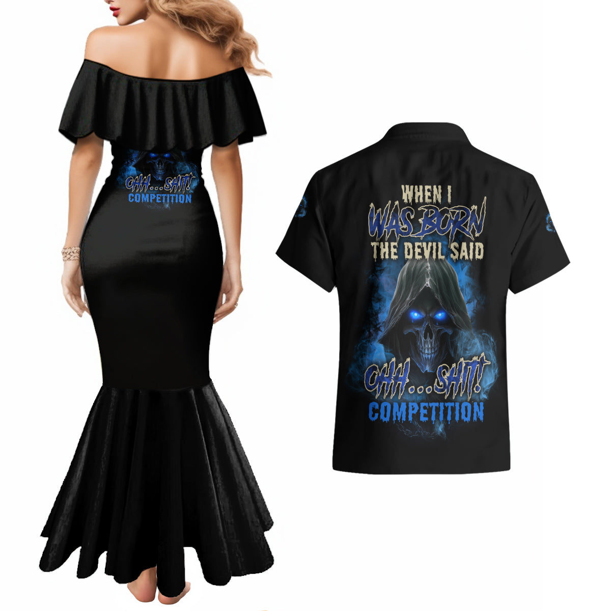 When I Was Born Reaper Fire Blue Couples Matching Mermaid Dress and Hawaiian Shirt - Wonder Print Shop