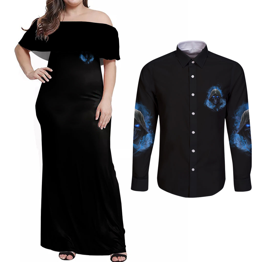 When I Was Born Reaper Fire Blue Couples Matching Off Shoulder Maxi Dress and Long Sleeve Button Shirt - Wonder Print Shop