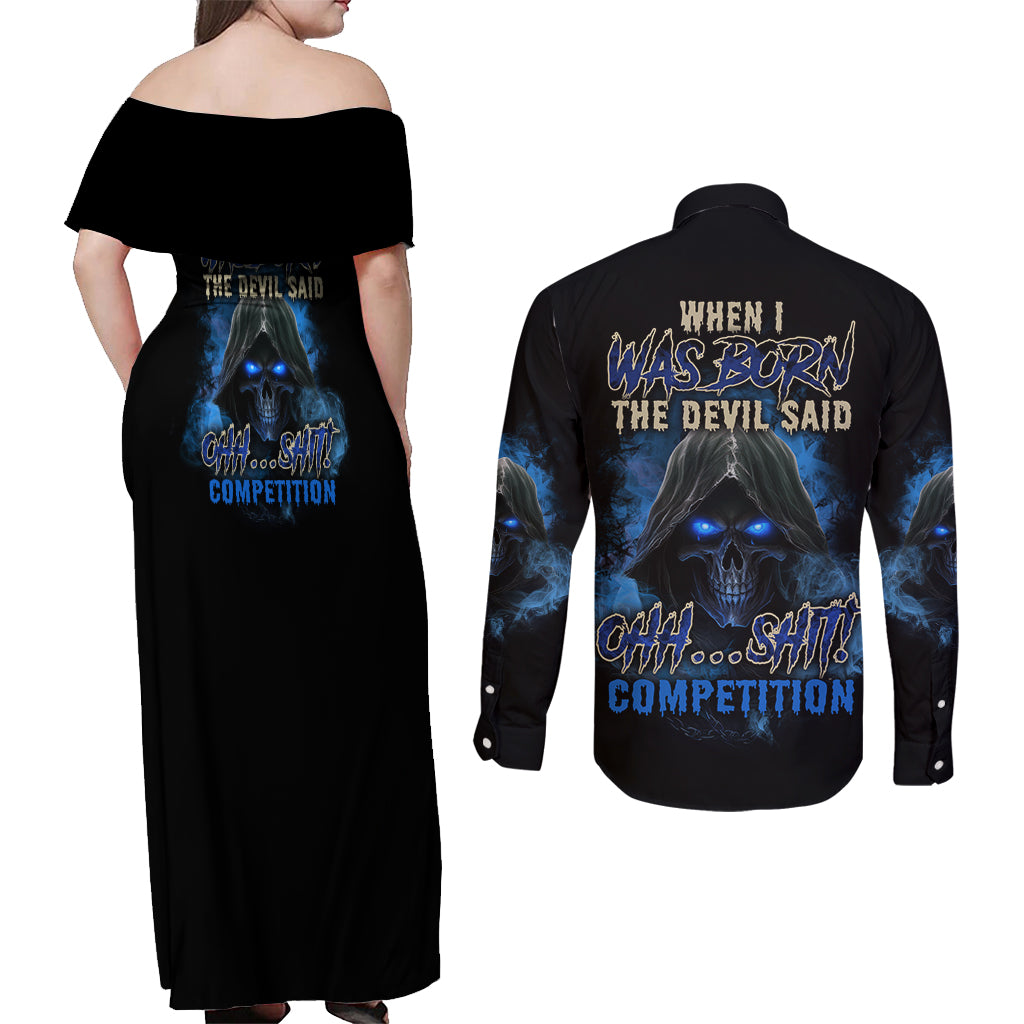 When I Was Born Reaper Fire Blue Couples Matching Off Shoulder Maxi Dress and Long Sleeve Button Shirt - Wonder Print Shop